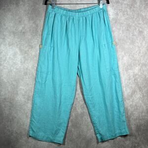 Hot Cotton Pants Womens Medium Blue‎ Linen Cropped Cargo Pockets Travel Vacation